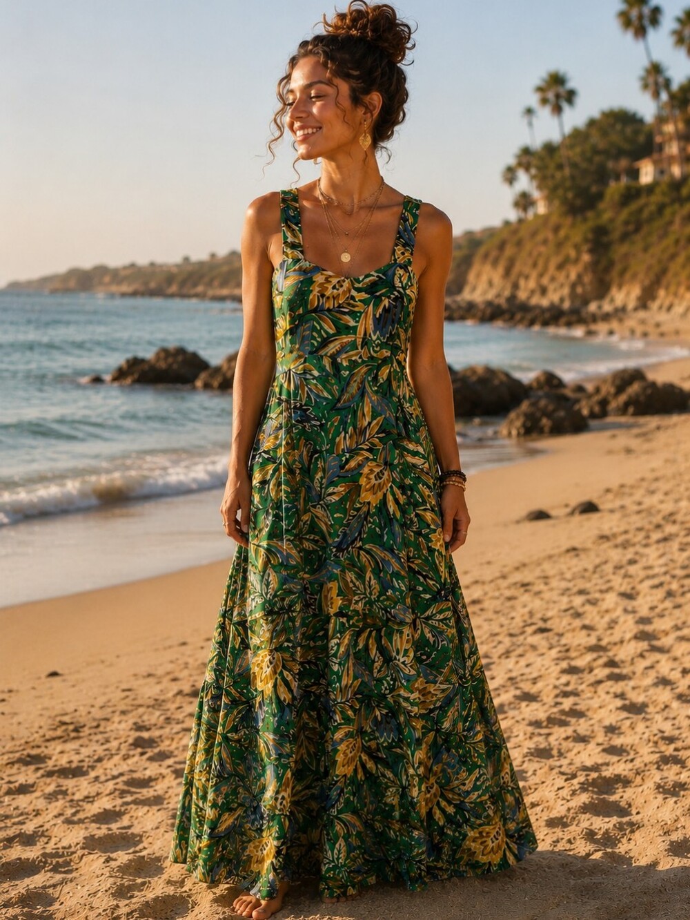 252.MSK Green Tropical Print Maxi Rayon Dress
